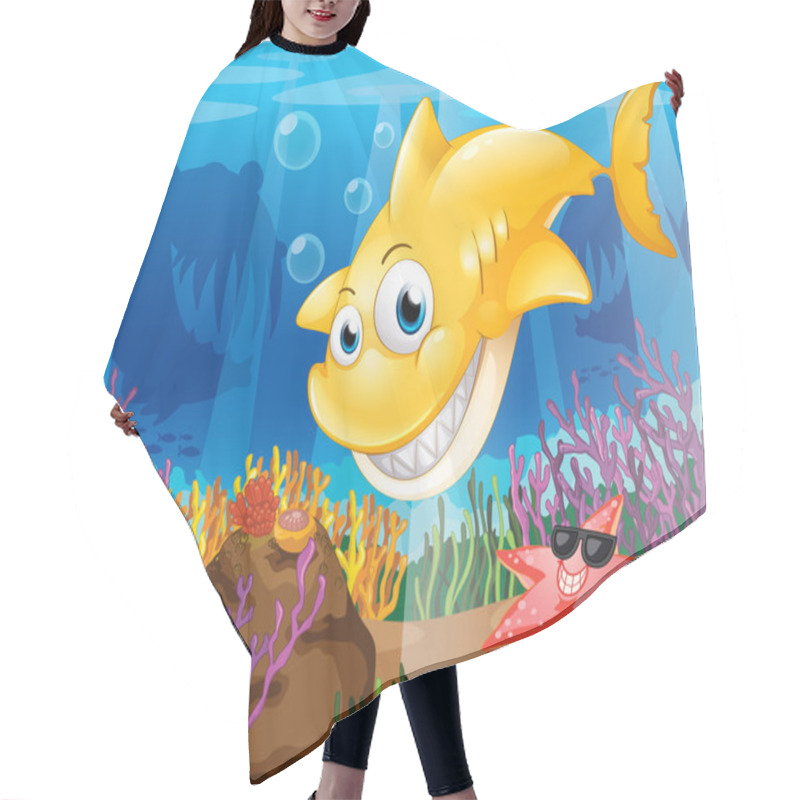 Personality  A Yellow Shark Under The Sea With Starfish And Corals Hair Cutting Cape