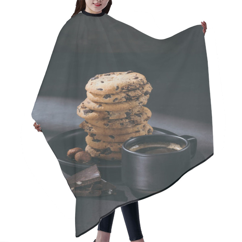 Personality  Stack Of Chocolate-chip Cookies On Plate With Cup Of Coffee On Black Surface Hair Cutting Cape