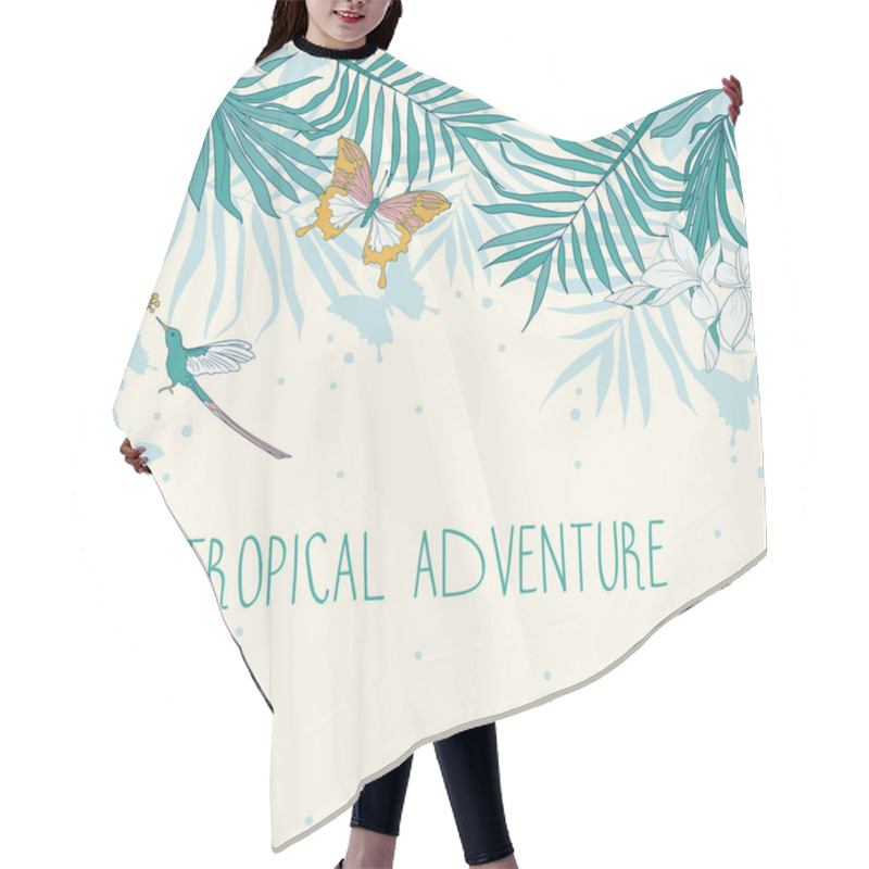 Personality  Banner With Place For Text And Tropical Flowers, Palm Leaves And Butterflies Hair Cutting Cape