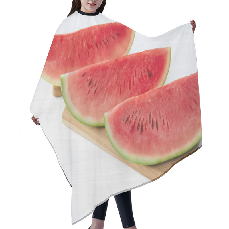 Personality  Close Up View Of Arranged Watermelon Pieces On Cutting Board On White Wooden Tabletop Hair Cutting Cape