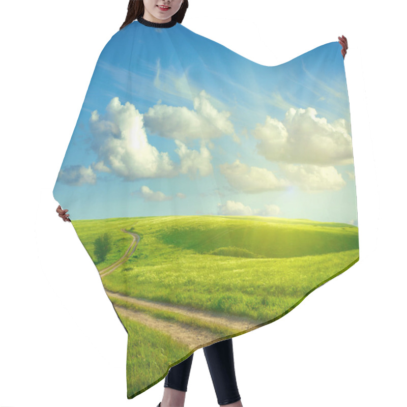 Personality  Summer Landscape With Green Grass, Road And Clouds Hair Cutting Cape