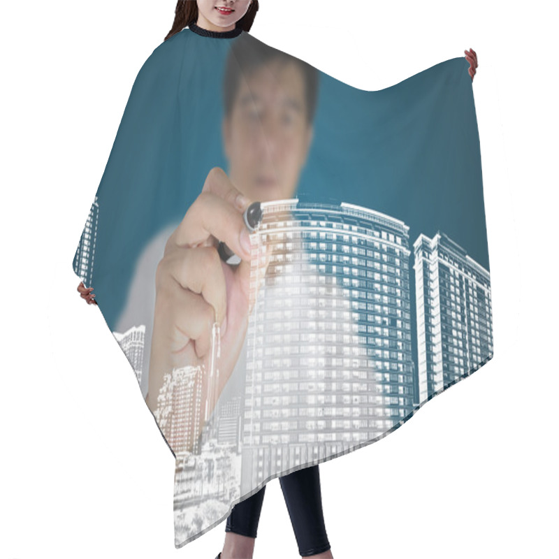 Personality  Business Man Or Architect Draw Building And Cityscape On Blue Background Hair Cutting Cape