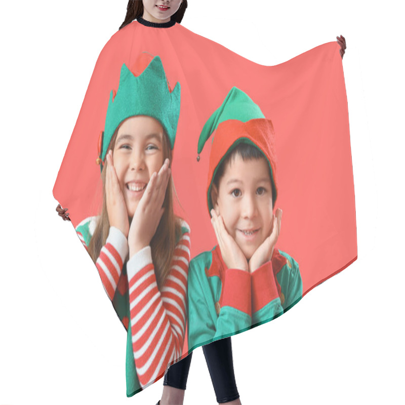 Personality  Cute Little Children Dressed As Elves On Red Background, Closeup Hair Cutting Cape