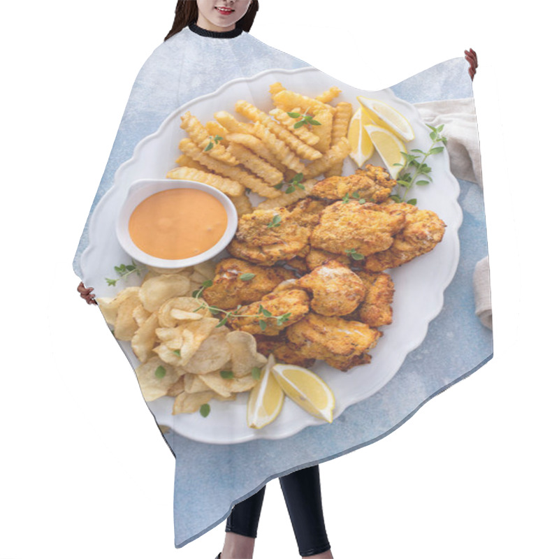 Personality  Fish And Chips On A Serving Platter With Catfish Nuggets And Creamy Cocktail Dipping Sauce Overhead View Hair Cutting Cape