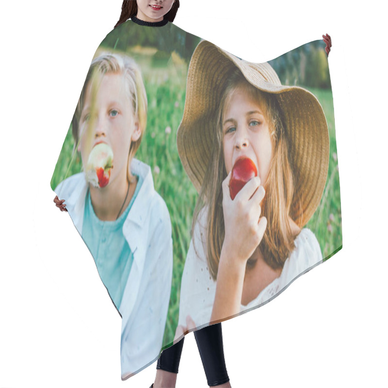 Personality  Funny Children With Apples Brother And Sister Friends Sitting In Grass, Rural Scene Hair Cutting Cape