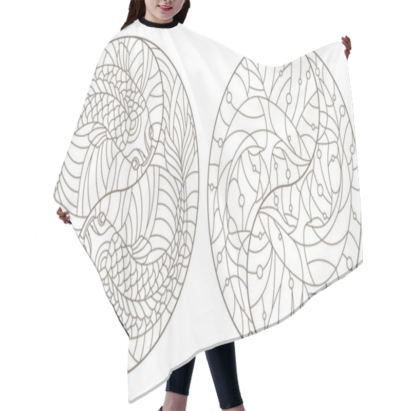 Personality  Set Of Contour Illustrations Of Stained Glass Windows With Fish In The Sign Yin Yang, Sharks And Crucians, Dark Contours On A White Background Hair Cutting Cape