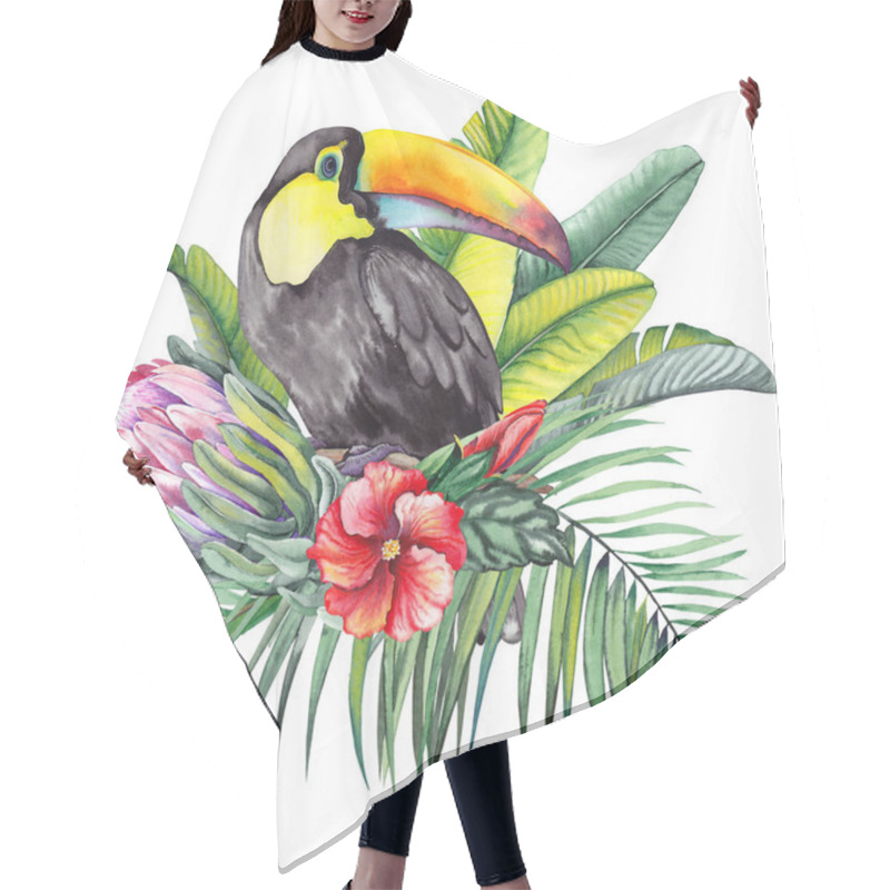 Personality  Toucan Bird With Exotic Protea Flower, Hibiscus, Palm And Banana Leaves. Watercolor On White Background.  Hair Cutting Cape