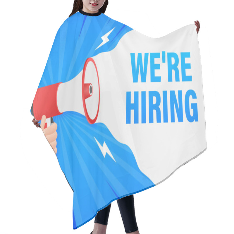 Personality  We Re Hiring Web Banner. Megaphone With We Are Hiring Speech On Green Background. Vector Stock Illustration. Hair Cutting Cape