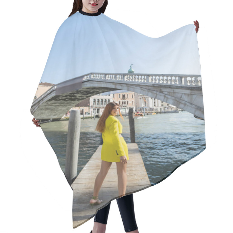 Personality  Full Length Of Woman In Yellow Suit On Pier Near Bridge Over Grand Canal In Venice Hair Cutting Cape