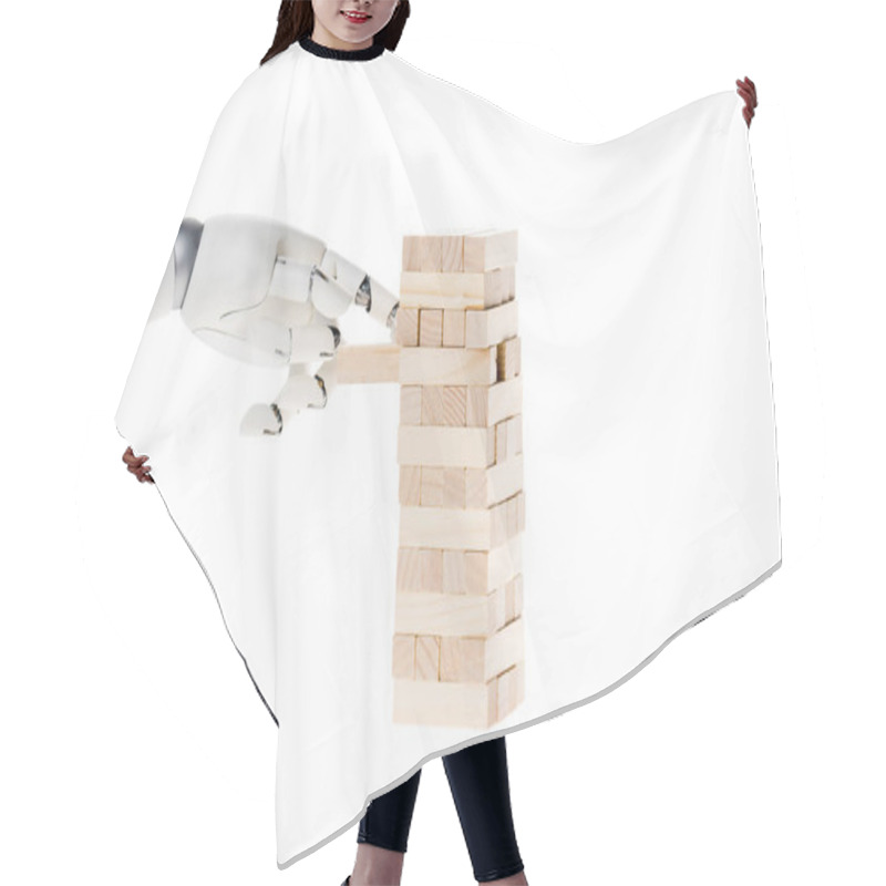 Personality  Cropped Shot Of Robot Deconstructing Blocks Tower Isolated On White Hair Cutting Cape