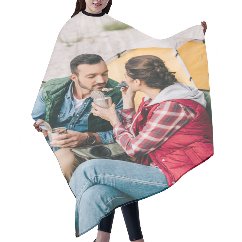 Personality  Woman Feeding Husband While Having Camping Together Hair Cutting Cape