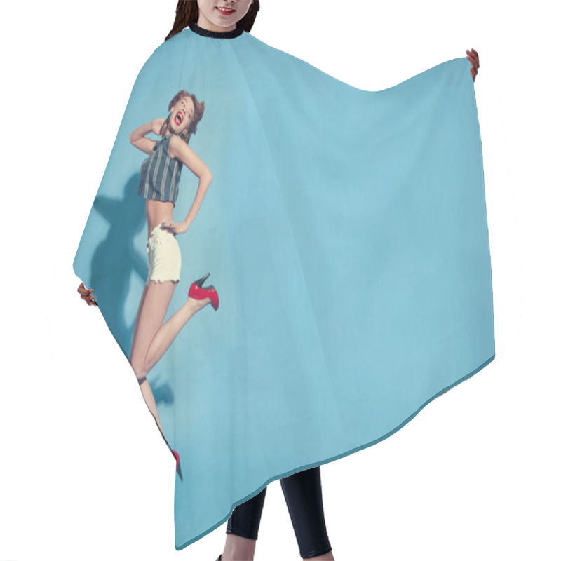 Personality  Full Body View Of Pin - Up Styled Woman On Blue Background Hair Cutting Cape