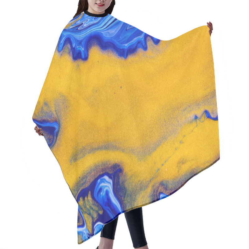 Personality  Fluid Art Texture. Abstract Backdrop With Iridescent Paint Effect. Liquid Acrylic Picture With Trendy Mixed Paints. Can Be Used For Website Background. Blue, Golden And White Overflowing Colors. Hair Cutting Cape