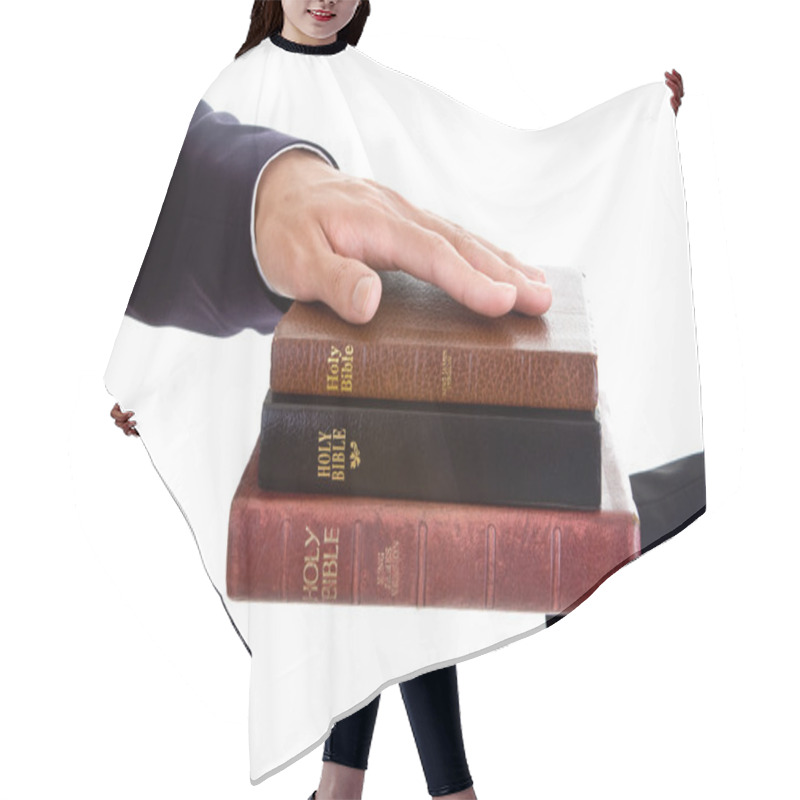 Personality  Man's Hand Stack Of Bibles, Isolated Background Hair Cutting Cape