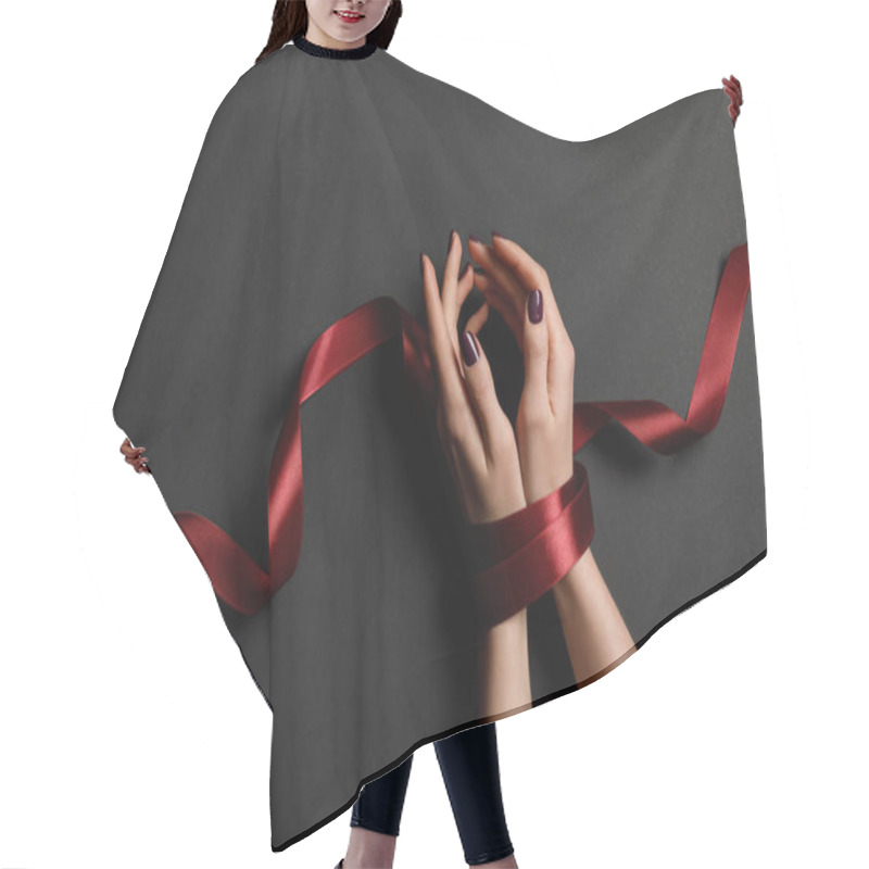 Personality  Cropped View Of Woman Tied With Silk Red Ribbon On Black Background Hair Cutting Cape