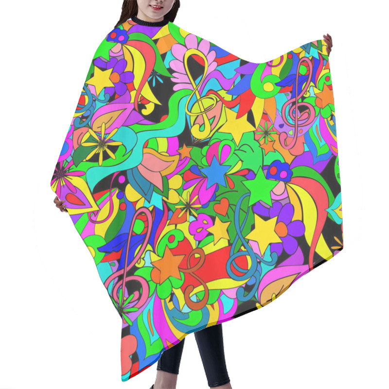 Personality  Doode Pattern With Flowers And Swirls On A Black Background, Can Be User A Decor, Cards, Invitation, Web Design. Hair Cutting Cape