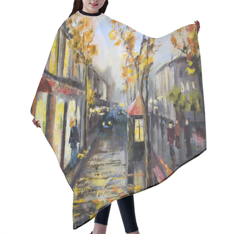 Personality  Illustration Of City Street.  Hair Cutting Cape