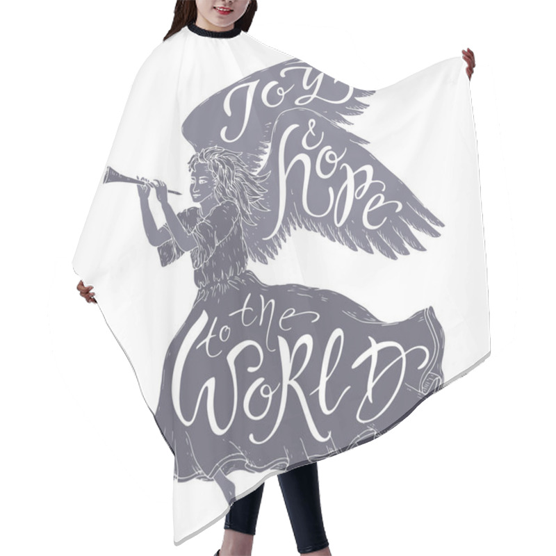 Personality  Christmas Brush Lettering Placed In A Form Of A Flying Angel And Saying Joy And Hope To The World. Hair Cutting Cape