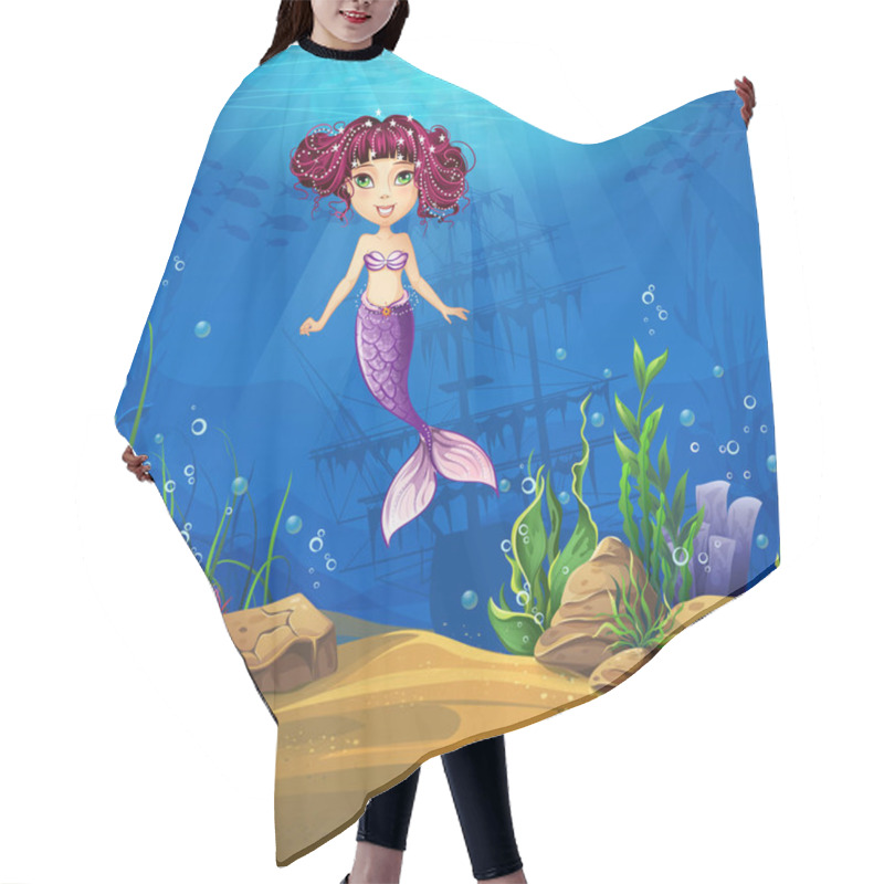 Personality  Undersea World With Brunette Mermaid. Marine Life Landscape - The Ocean And The Underwater World With Different Inhabitants. For Design Websites And Mobile Phones, Printing. Hair Cutting Cape