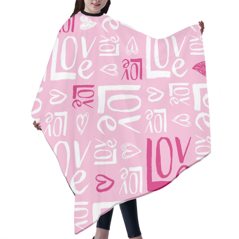 Personality  Hand Written Valentines Day Typography Vector Seamless Pattern. Hand Drawn Doodle Hearts And Word Love. Cute Graffity Hair Cutting Cape