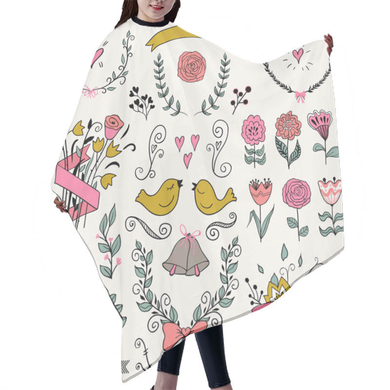 Personality  Romantic Graphic Set, Arrows, Hearts, Birds, Bells, Rings, Laurel, Wreaths, Ribbons And Bows. Hair Cutting Cape