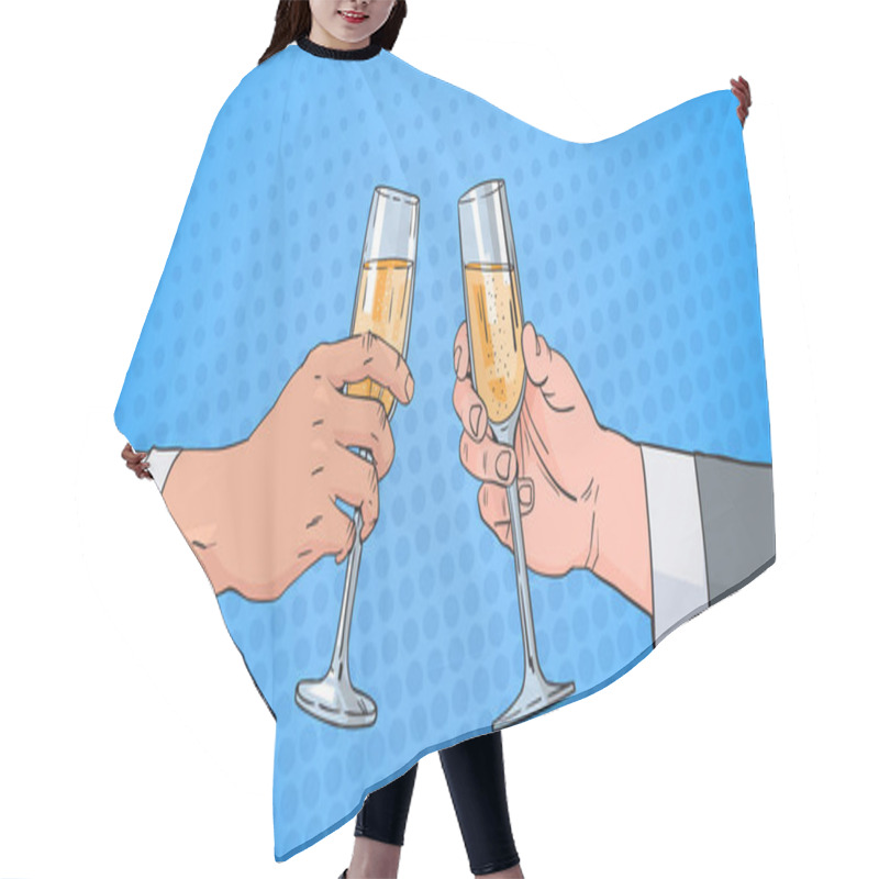 Personality  Male Couple Hands Clinking Glass Of Champagne Wine Toasting Pop Art Retro Pin Up Background Hair Cutting Cape