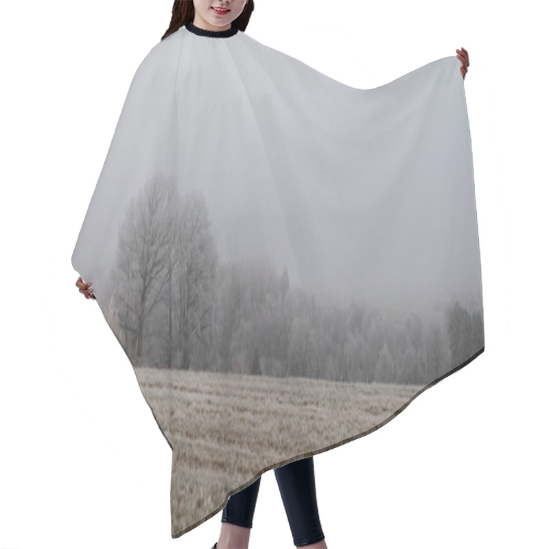 Personality  Frozen Field And Forest In The Fog, Covered With Hoarfrost Hair Cutting Cape