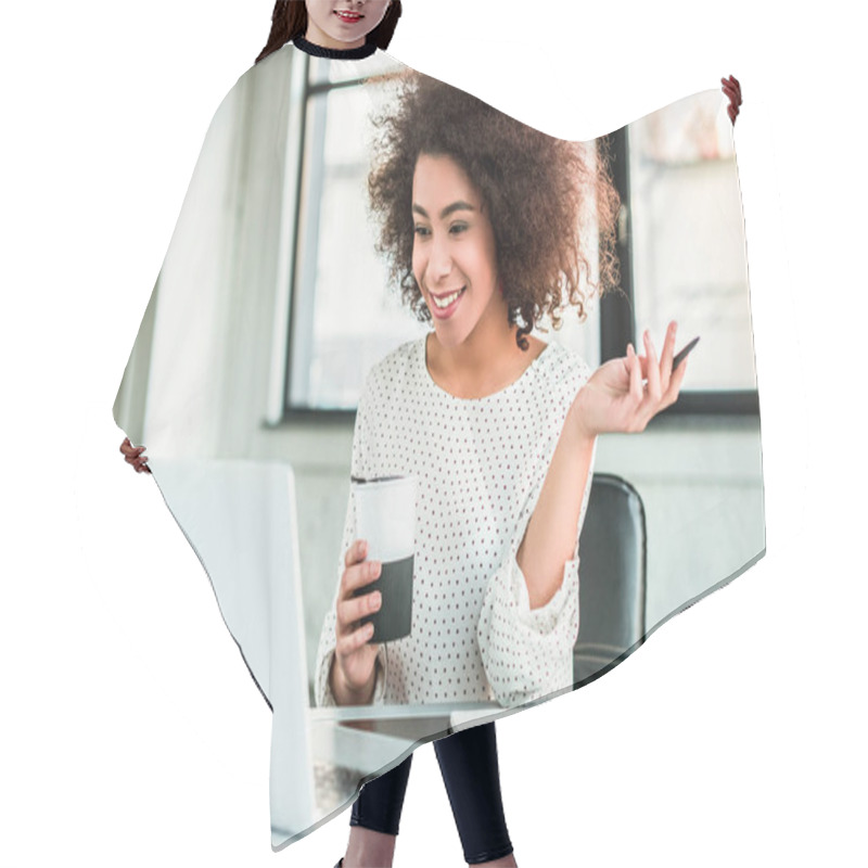 Personality  Happy African American Businesswoman Holding Cup Of Coffee And Looking At Laptop In Office Hair Cutting Cape