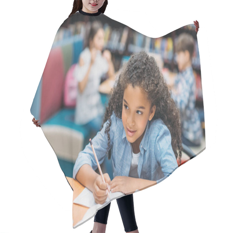 Personality  Schoolgirl Doing Homework In Library Hair Cutting Cape