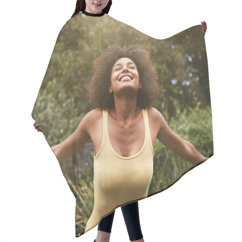 Personality  Zest For Life. A Carefree Young Woman Enjoying The Outdoors Hair Cutting Cape