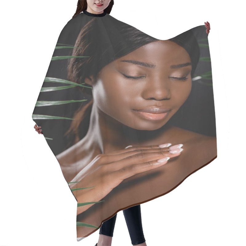 Personality  African American Naked Woman With Closed Eyes Near Green Palm Leaves Isolated On Black Hair Cutting Cape