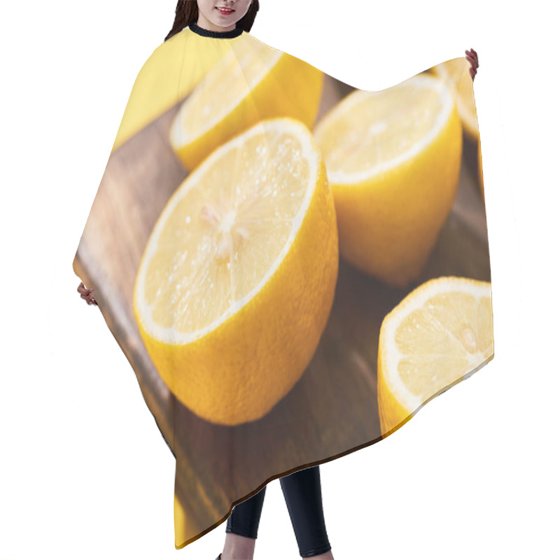 Personality  Close Up View Of Ripe Cut Lemons On Wooden Cutting Board On Yellow Background Hair Cutting Cape