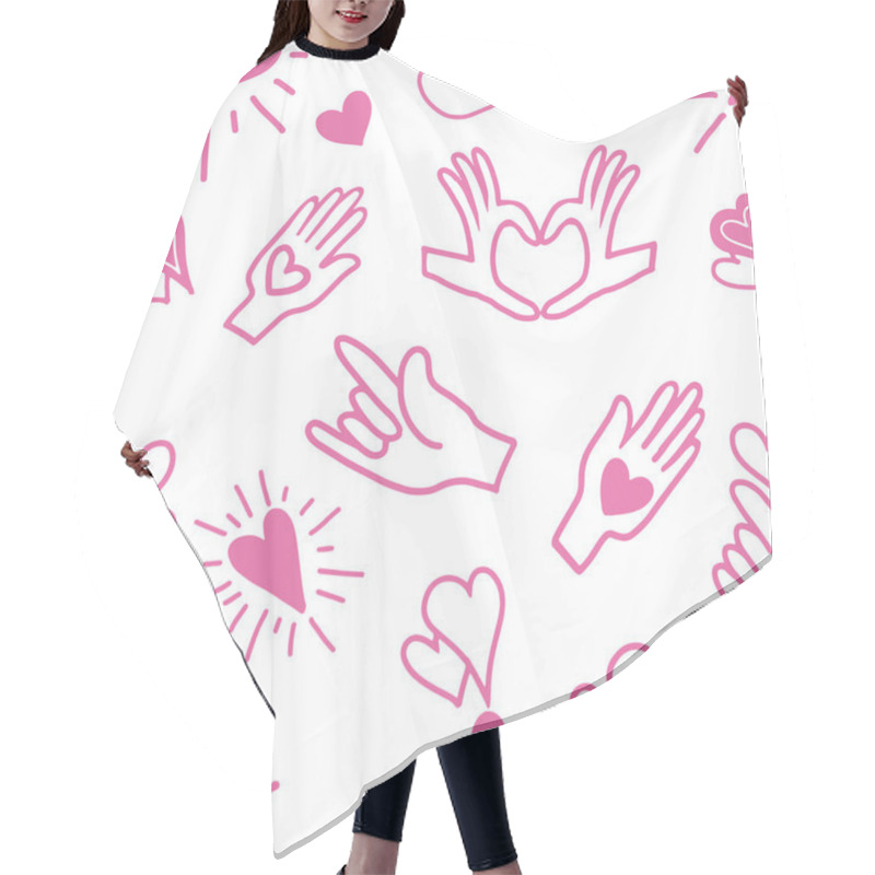 Personality  Cute Seamless Love Pattern With Hands Love Language Signs On Pink Color. Hand Drawn In Doodle, Cartoon Style Illustrations. Background Texture Design For Web, Print And Textile Hair Cutting Cape