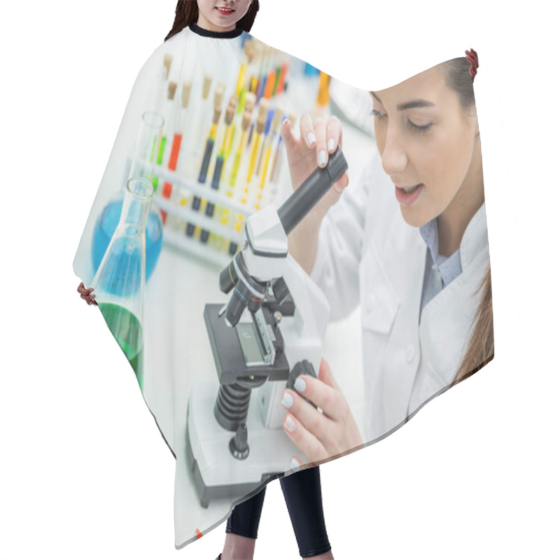 Personality  Female Scientist In Lab Hair Cutting Cape