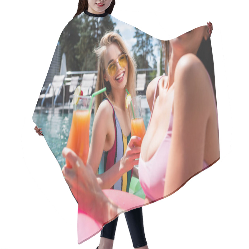 Personality  Laughing Woman In Swimsuit And Sunglasses Holding Cocktail Near Blurred Friend In Pool Hair Cutting Cape