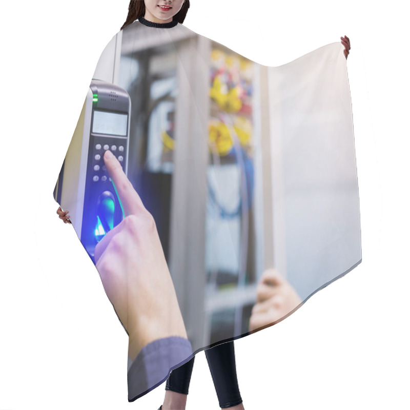 Personality  Staff Push Down Electronic Control Machine With Finger Scan To Access The Door Of Control Room Or Data Center. The Concept Of Data Security Or Data Access Control. Hair Cutting Cape