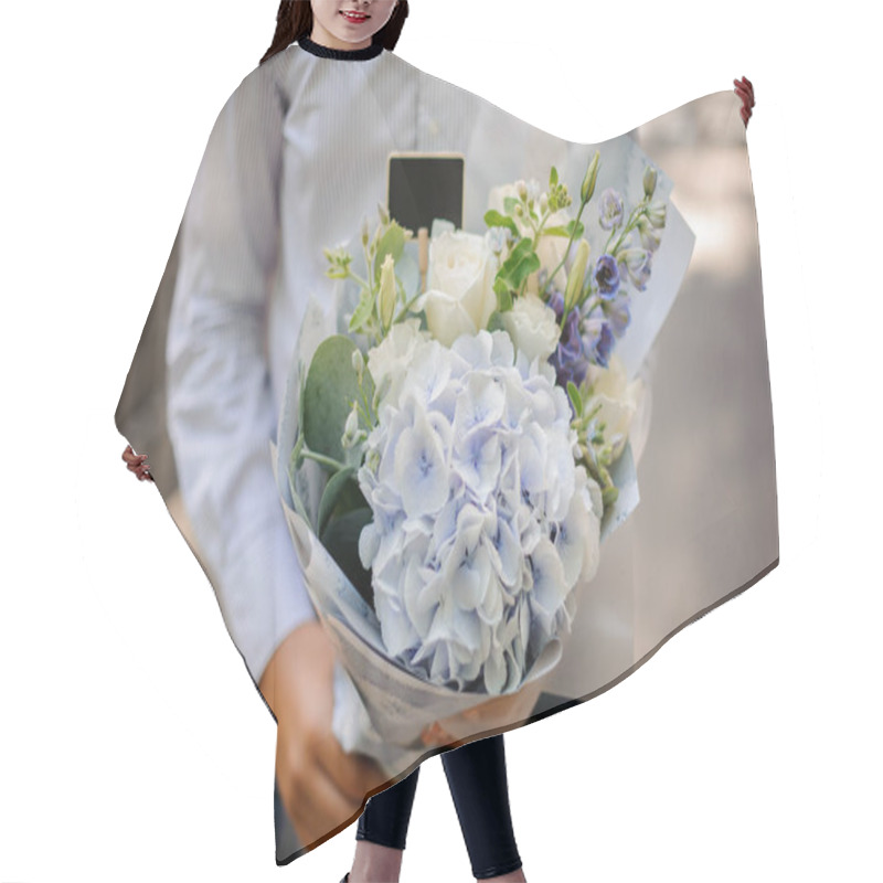 Personality  Boy Holding A Festive Bright Bouquet Of Flowers In Blue Tones Hair Cutting Cape