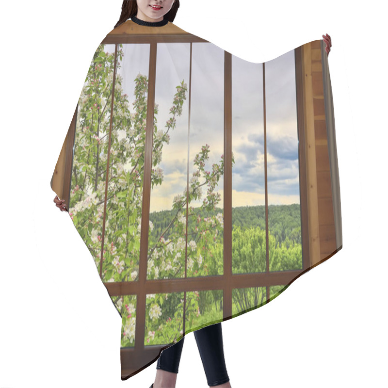 Personality  View Through Wooden Window At Spring Landscape With Blooming Apple Or Cherrry Tree In Spring Garden. Blossoming Apple Tree Branch Under Natural Wooden Window. Springtime Calendar Hair Cutting Cape