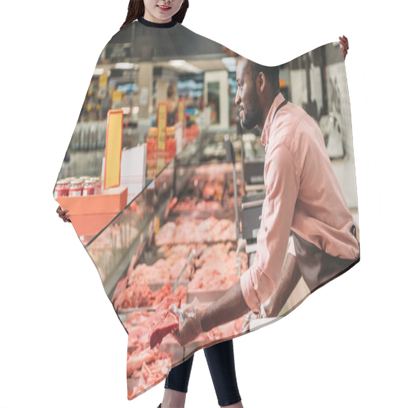 Personality  Side View Of African American Male Butcher In Apron Giving Steak Of Raw Meat In Supermarket  Hair Cutting Cape