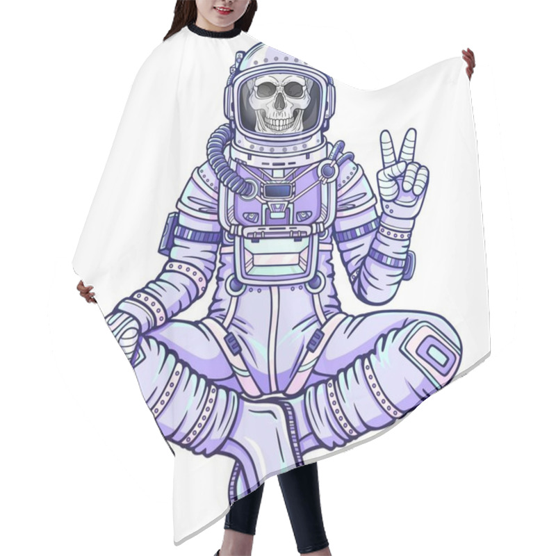 Personality  Animation Figure Of The Astronaut Skeleton Sitting In Buddha Pose. Meditation In Space. Color Drawing. Vector Illustration Isolated On A White Background. Print, Poster, T-shirt, Card. Hair Cutting Cape