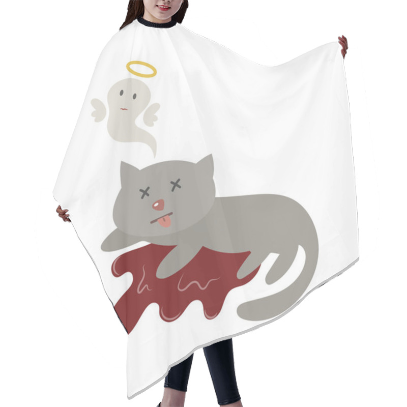 Personality  Dead Cat With Blood Vector Illustration Isolated On White Background. Dead Cat Cartoon With Ghost Flying Above.  Hair Cutting Cape