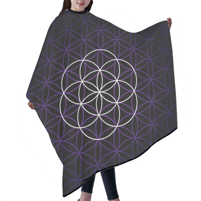 Personality  White Seed Of Life On A Dark Purple Flower Of Life Pattern, Over Black Background. Hexagonal Arranged Circles Generate A Flower Petal Pattern. Geometric Figure And Spiritual Symbol Of Sacred Geometry. Hair Cutting Cape