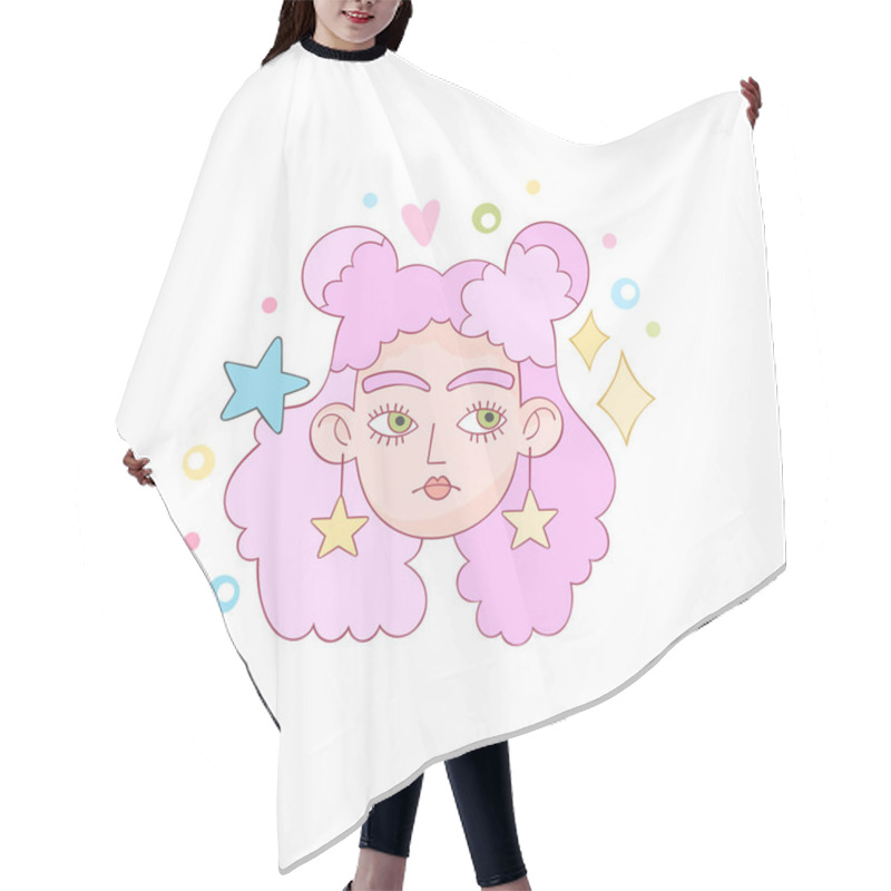 Personality  Beautiful Girl. Cartoon Character. Crazy Hairstyle Model Art. Hearts, Stars, Dots And Sparkles. Isolated Vector Object On White Background. Hair Cutting Cape