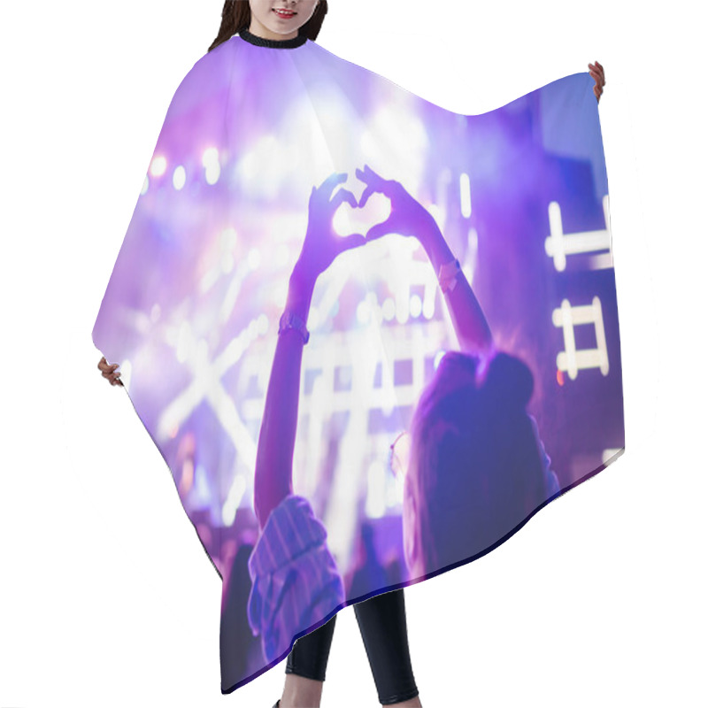 Personality  Heart Shaped Hands At Concert, Loving The Artist And The Festival. Music Concert With Lights And Silhouette Of People Enjoying The Concert. Hair Cutting Cape