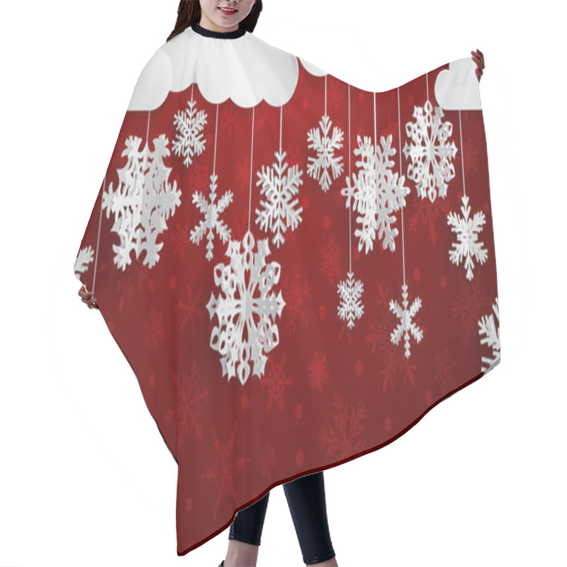 Personality  Christmas Illustration With White Clouds And Three-dimensional Paper Snowflakes Hanging On Ree Background Hair Cutting Cape