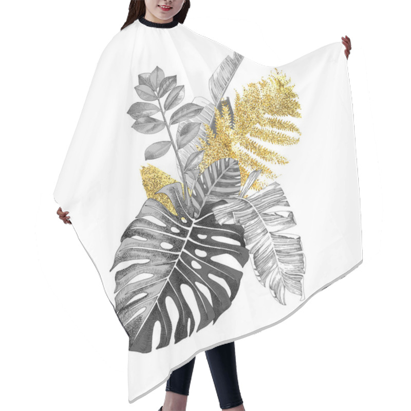 Personality  Hand Drawn Bouquet With Monochrome And Golden Tropical Leaves Hair Cutting Cape