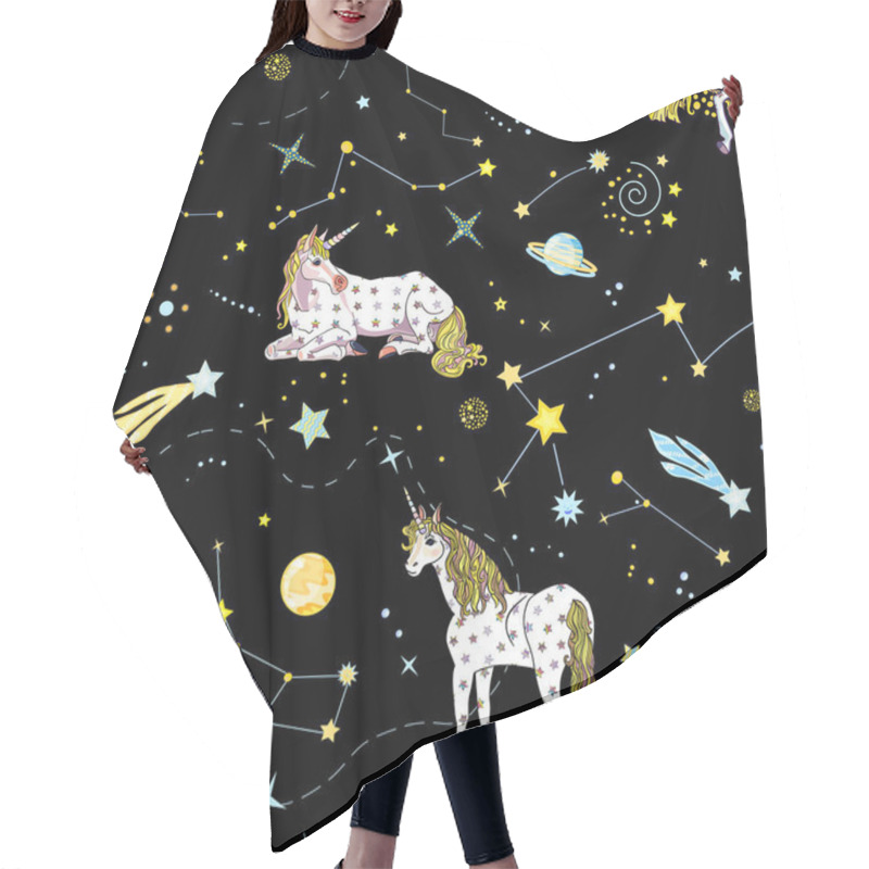 Personality  Fairy Seamless Pattern. Cosmic Travel With Starry Unicorns On The Black Background. Vector Endless Texture In Cartoon Style For Girls And Children Hair Cutting Cape