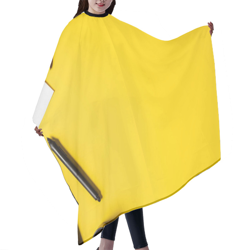 Personality  Top View Of Paintbrushes Near Painting, Drawing Tablet, Holder And Stylus On Yellow  Hair Cutting Cape