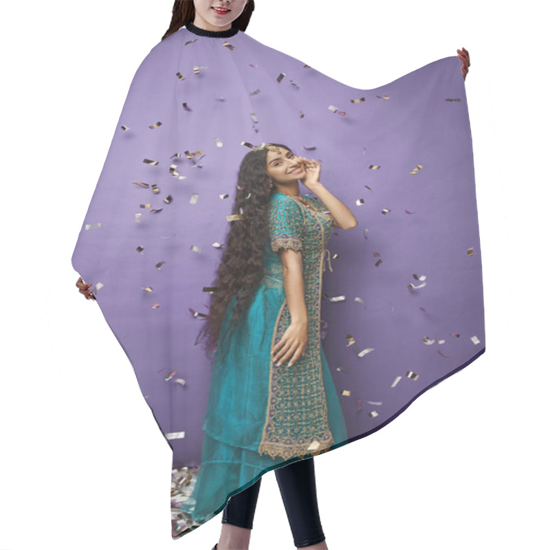 Personality  Attractive Cheerful Indian Woman In Blue Sari Posing Under Confetti Rain On Purple Background Hair Cutting Cape