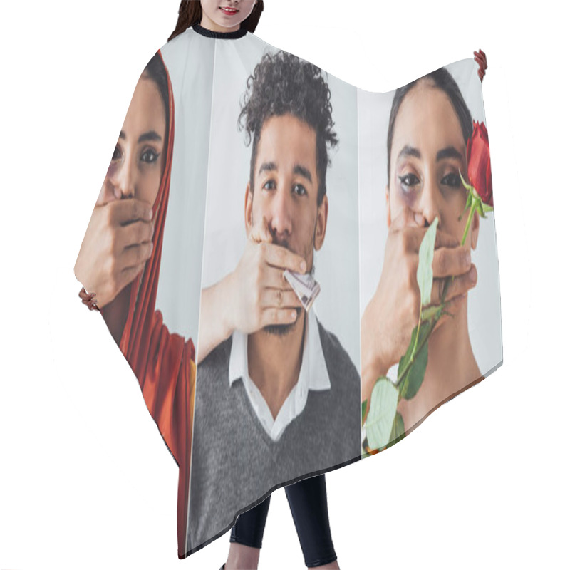 Personality  Collage Of Male And Female Hands Covering Mouth To African American Man And Indian Woman With Bruise Isolated On Grey Hair Cutting Cape